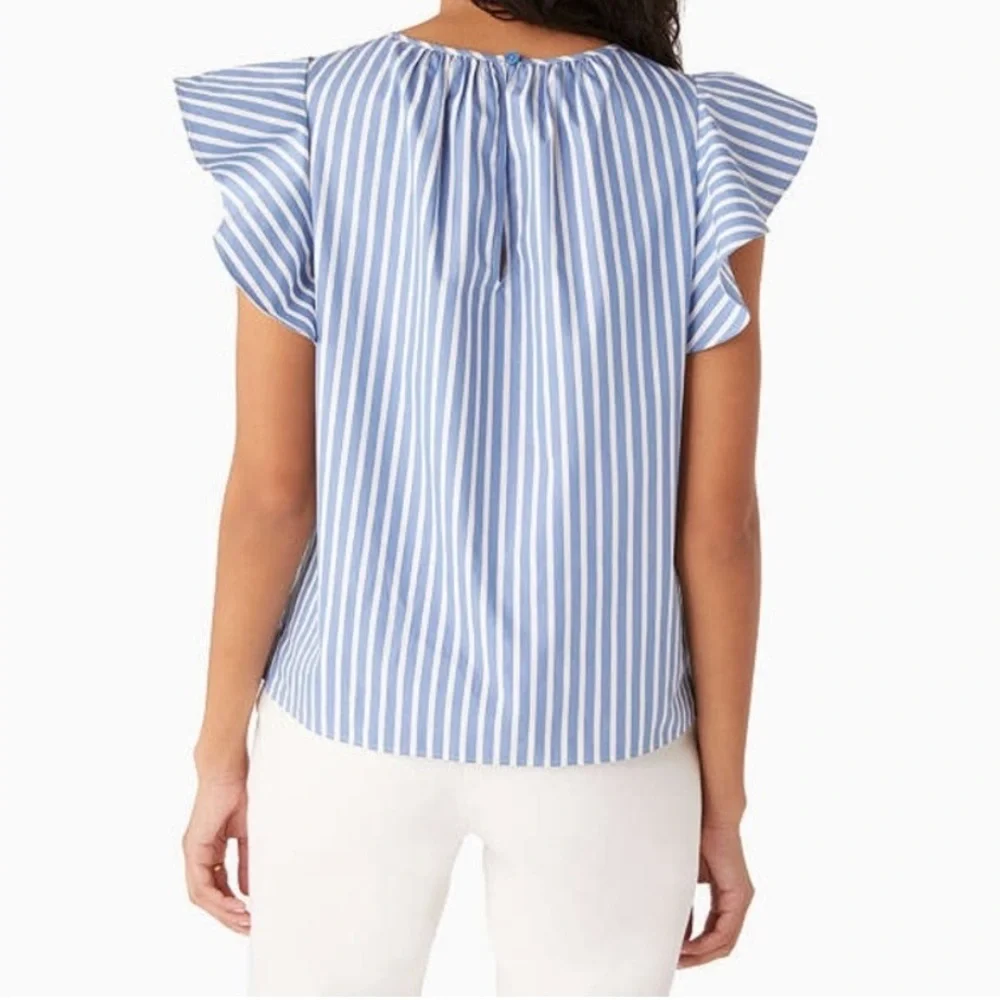 Kate Spade Basket Stripe Flutter-Sleeve Top Light Blue and White Size Small